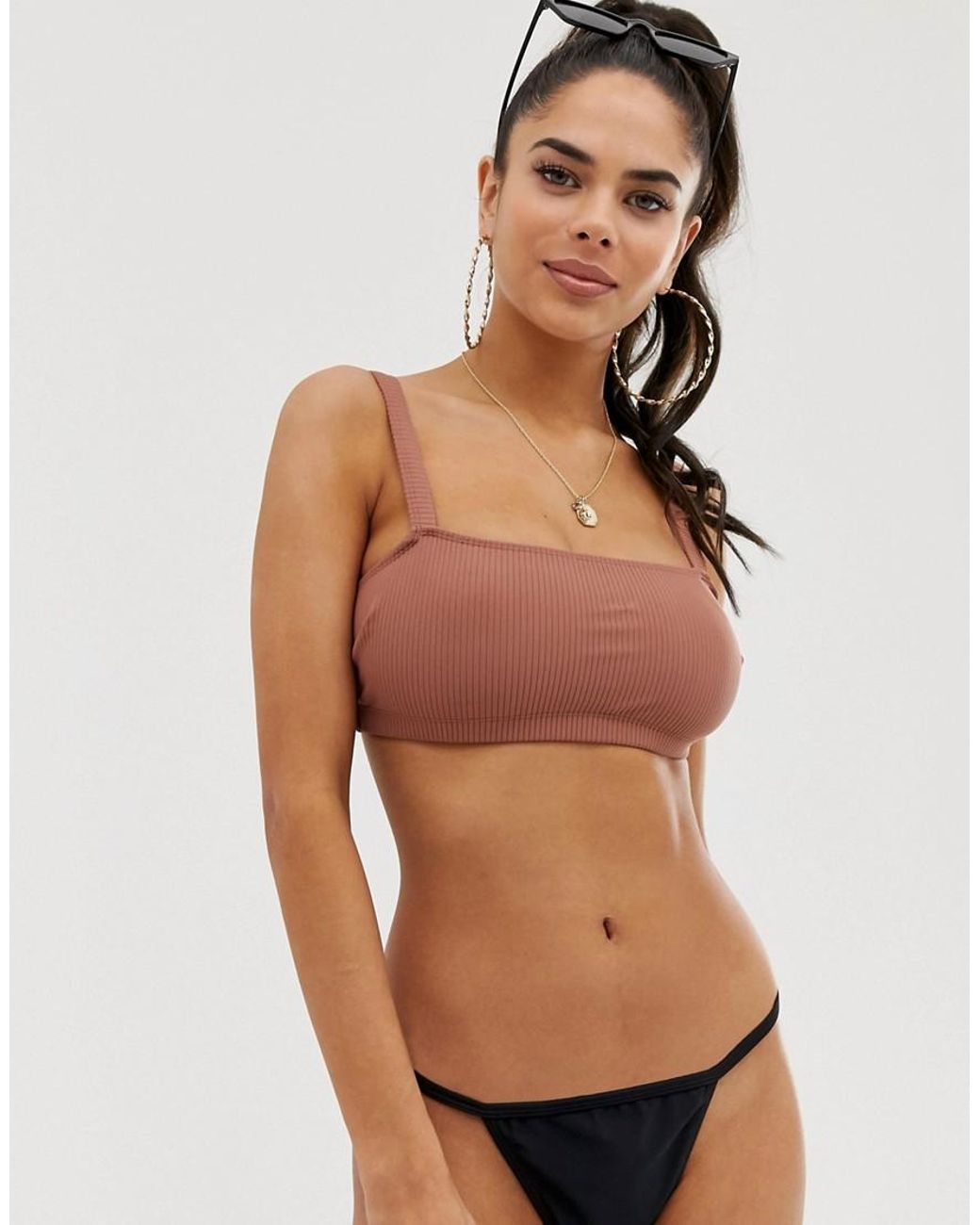 ASOS Denim Fuller Bust Skinny Crop Rib Bikini Top In Mink Dd G In Brown