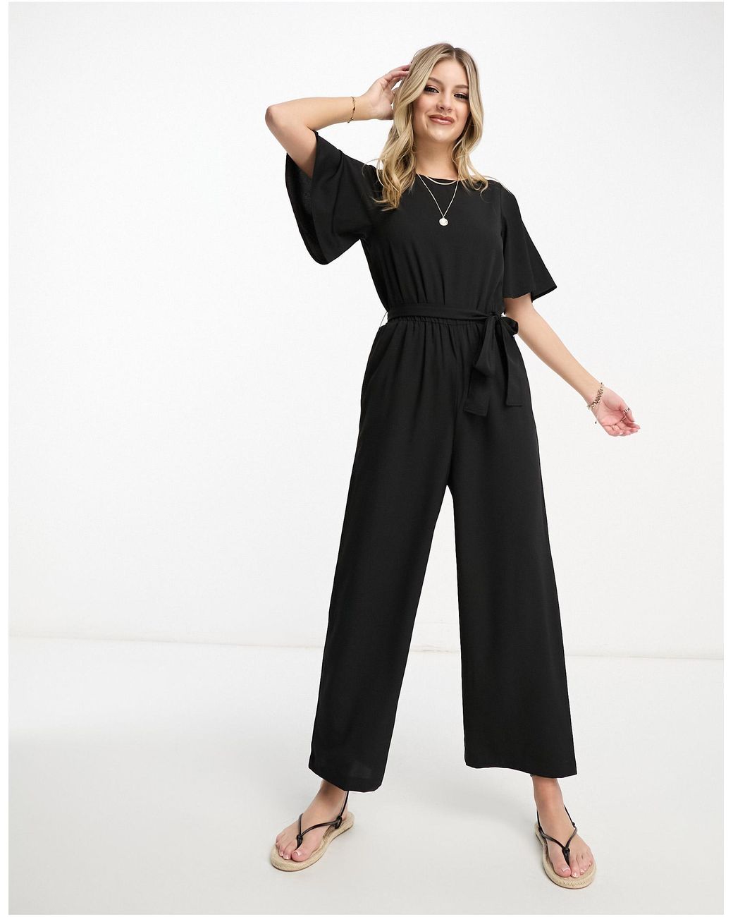 Monki Flutter Sleeve Tie Waist Jumpsuit In Black Lyst