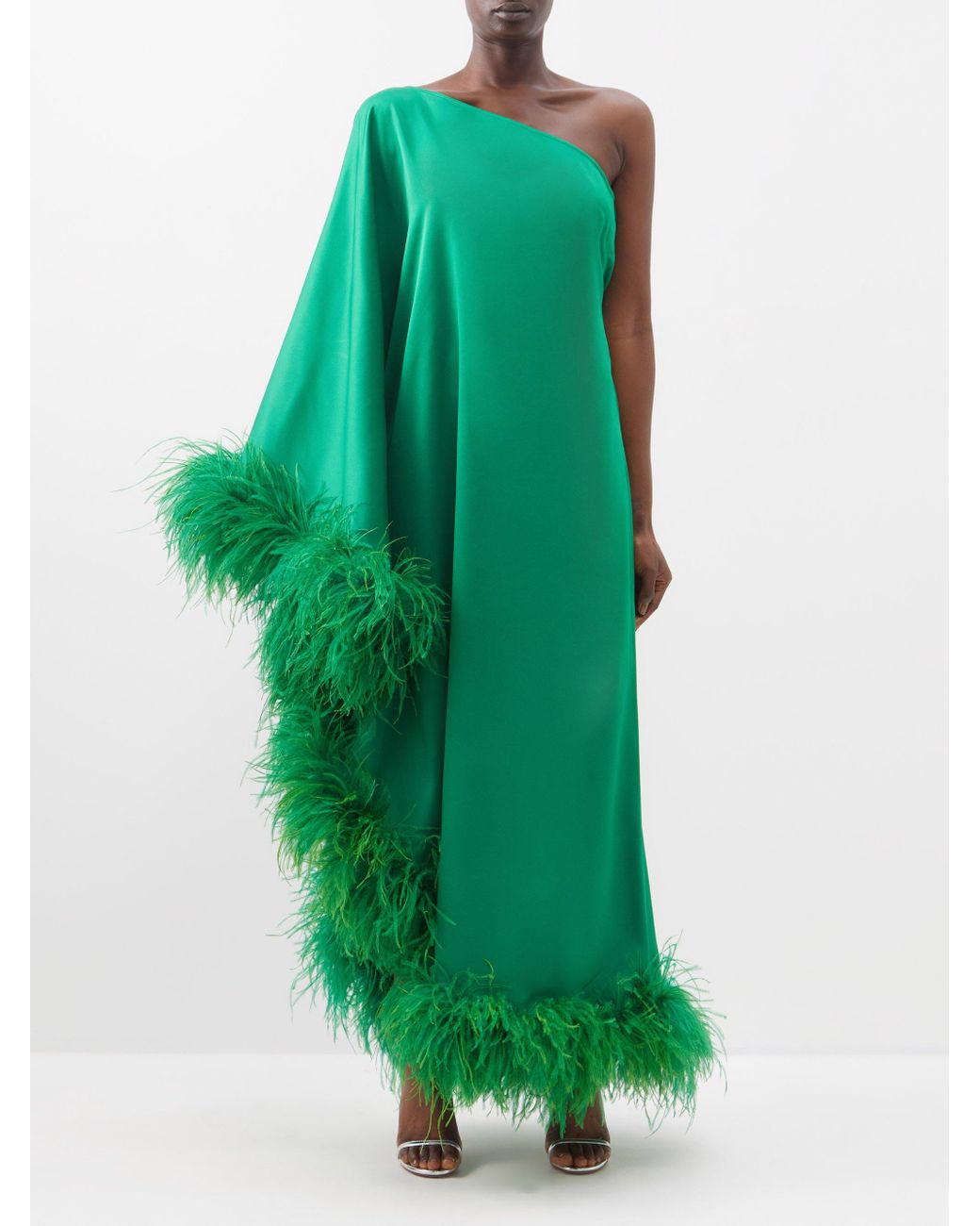 Taller Marmo Extravaganza One Shoulder Feather Trim Crepe Gown In