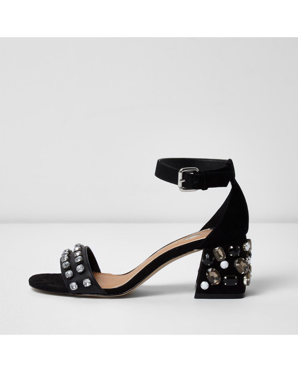 River Island Diamante Embellished Block Heel Sandals In Black Lyst