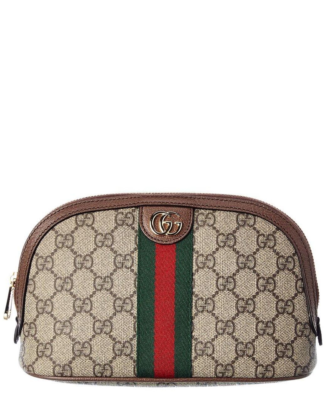 Gucci Ophidia Large Gg Supreme Canvas Leather Cosmetic Case In Brown