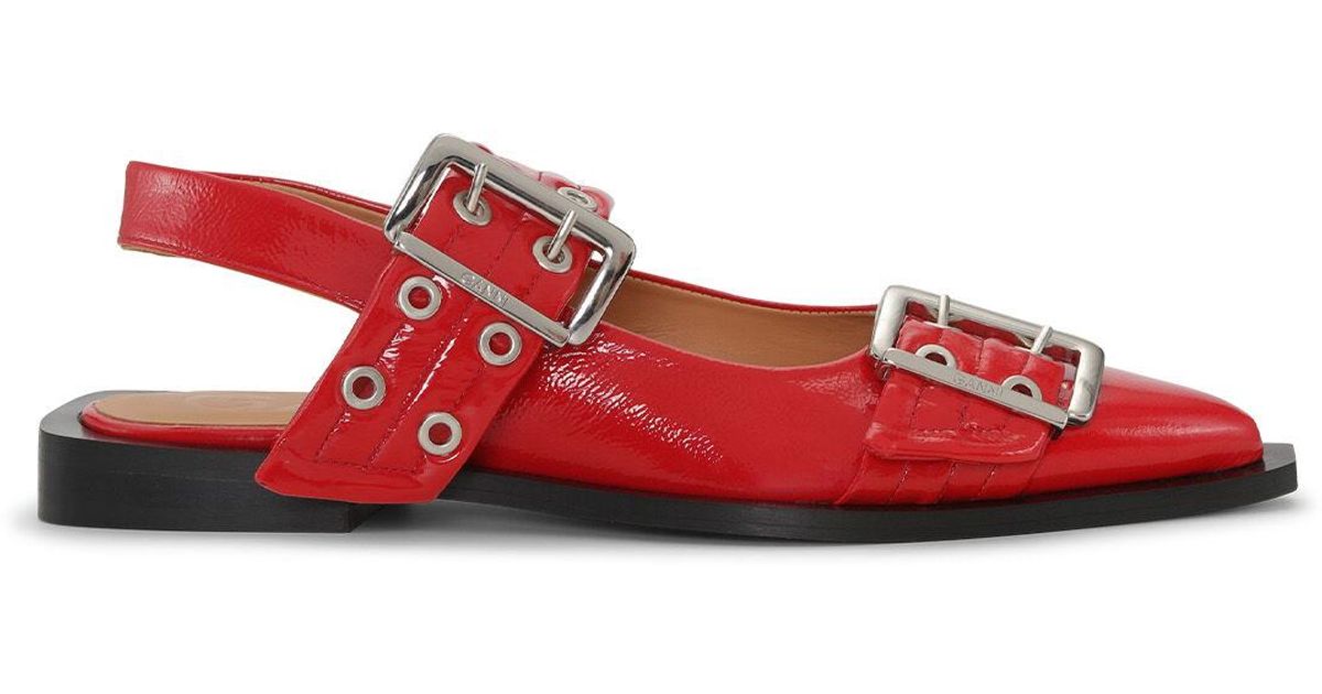 Ganni Red Wide Welt Buckle Ballerinas Lyst