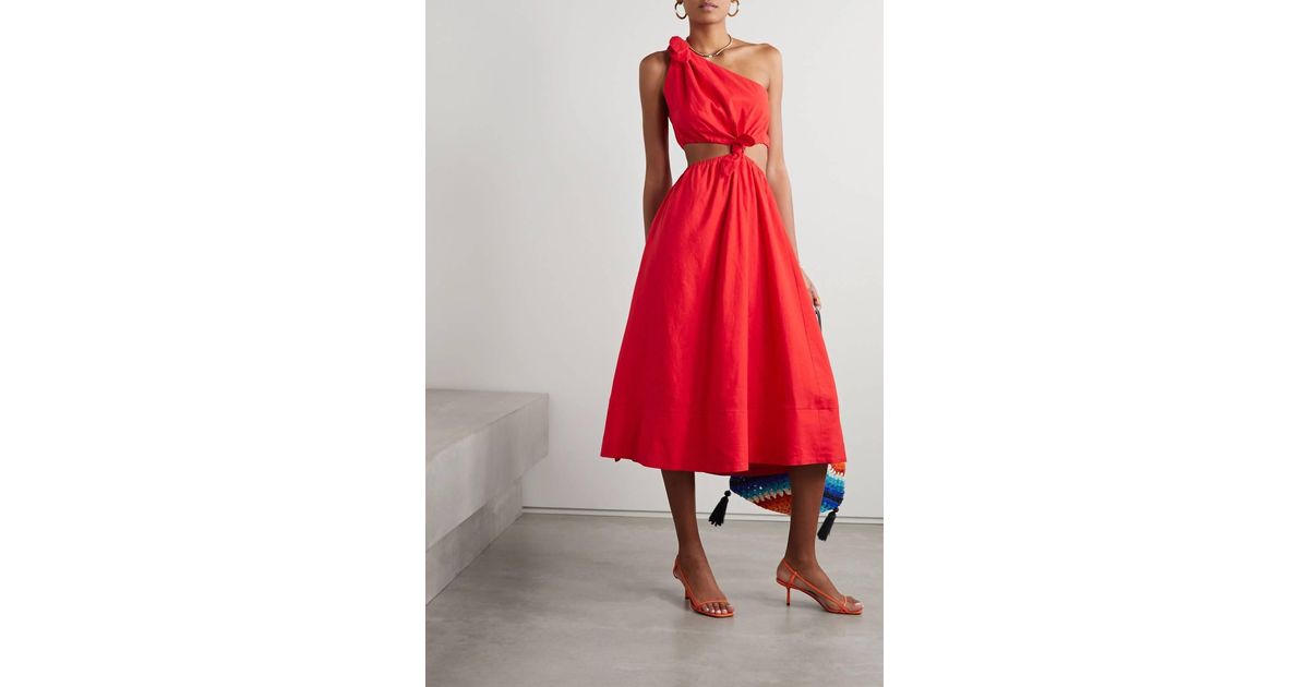 Farm Rio One Shoulder Cutout Linen Blend Midi Dress In Red Lyst