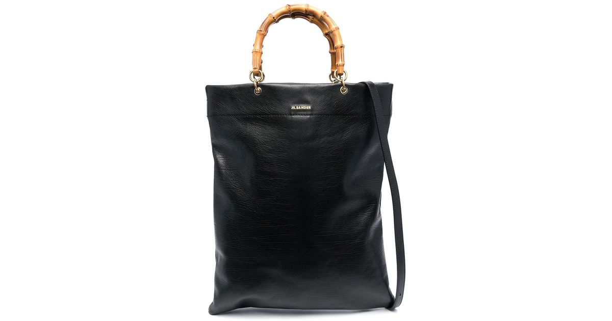 Jil Sander Leather Bag With Bamboo Handles And Logo In Black Lyst