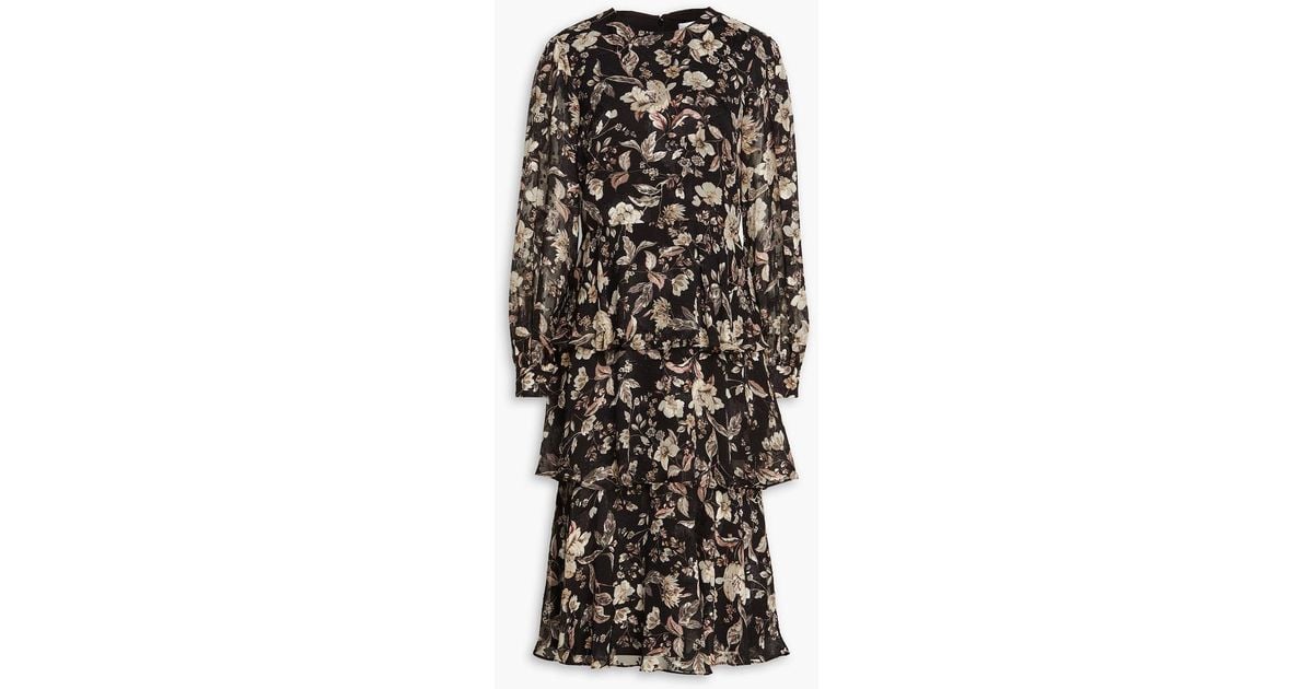 Mikael Aghal Tiered Floral Print Jacquard Midi Dress In Black Lyst