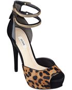 Guess Katrineny Leather And Hair Calf Peep-Toe Pumps - Lyst