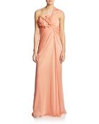 Adrianna Papell Pleated One-Shoulder Floral Appliqué Gown - Lyst
