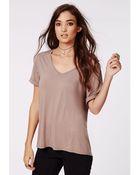 Missguided Braidie V Neck T Shirt Taupe - Lyst