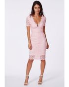 Missguided Emina Pink Plunge Neck Lace Midi Dress - Lyst
