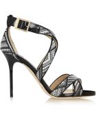 Jimmy Choo Lottie Patent-Leather And Woven Faux-Raffia Sandals - Lyst