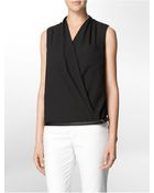 Calvin Klein Faux Leather Trim V-Neck Sleeveless Top - Lyst