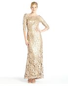 Tadashi Shoji Gold Sequined Lace Long Sleeve Gown - Lyst