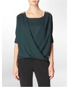 Calvin Klein Zip Detail Drape V-Neck Roll-Up Sleeve Top - Lyst