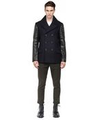 Mackage Clyde Navy Winter Wool Jacket With Leather Sleeves - Lyst