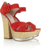 Miu Miu Suede And Straw Platform Sandals - Lyst