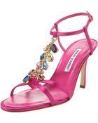 Manolo Blahnik Satin Crystal-strap Sandal, Fuchsia - Lyst