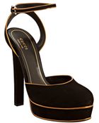 Gucci Black and Gold Suede Huston Ankle Strap Platforms - Lyst