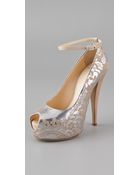 Giuseppe Zanotti Metallic Lace Open Toe Pumps - Lyst