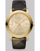 Burberry Check Accented Round Watch/gold Ip - Lyst