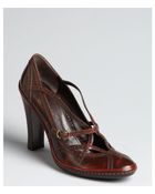 Celine Mahogany Leather Tooled Strappy Pumps - Lyst