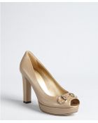Gucci Champagne Leather Horsebit Peep Toe Platform Pumps - Lyst