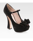 Miu Miu Suede Peep Toe T-strap Bow Pumps - Lyst