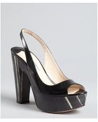 Prada Black Patent Leather Striped Wood Heel Slingbacks - Lyst
