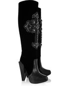 Versace Crystal-Embellished Velvet and Leather Knee Boots - Lyst