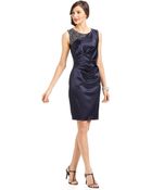 Eliza J Sleeveless Beaded Ruched Satin Sheath - Lyst