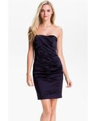 Calvin Klein Strapless Ruched Satin Sheath Dress - Lyst
