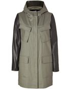 DKNY Oliveblack Coated Cotton Coat with Leather Sleeves - Lyst