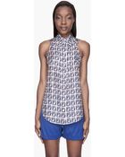 Carven Indigo Blue Stamp Print Silk Collared Top - Lyst