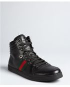 Gucci Black Grained Leather Web Stripe High Top Sneakers - Lyst