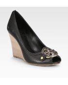 Tory Burch Amanda Leather Logo Peep Toe Wedge Pumps - Lyst