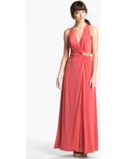 Calvin Klein Embellished Vneck Draped Jersey Gown - Lyst