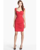Nicole Miller Ruched Satin Sheath Dress - Lyst