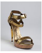 Lanvin Gold Leather Double Strapped Lacquered Heel Sandals - Lyst
