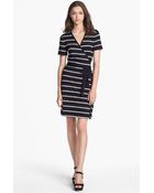 Calvin Klein Stripe Faux Wrap Dress - Lyst