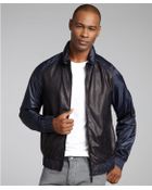 Z Zegna Blue Nylon And Leather Hoodie Varsity Jacket - Lyst