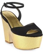 Bottega Veneta Suede Metallic Leather Wedge Sandals - Lyst