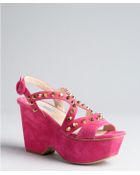 Prada Fuchsia Suede Studded Chunky Wedge Sandals - Lyst
