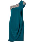 Marchesa Crystal Embroidered Silk Crepe One Shoulder Dress In Teal - Lyst