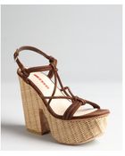 Prada Sport Brown Leather And Rafia Platform Sandals - Lyst