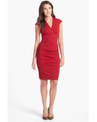 Nicole Miller Ruched Cap Sleeve Knit Sheath Dress - Lyst