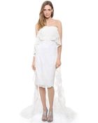 Marchesa Strapless Lace Dress with Cascading Cape and Train - Lyst