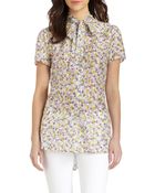 Dolce & Gabbana Silk Floral Print Tie Neck Blouse - Lyst
