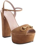 Gucci Chocolate Suede Horsebit Platform Peep Toe Sandals - Lyst