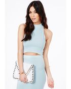Missguided Lacey High Neck Ribbed Crop Top In Baby Blue - Lyst