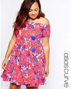 Asos Curve Bardot Skater Dress In Bright Print - Lyst