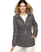 DKNY Hooded Faux-Fur-Trim Belted Down Puffer Coat - Lyst